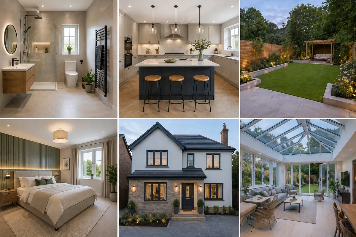 Six examples of tradesman portfolio work, bathroom, kitchen, garden, bedroom, exterior and conservatory